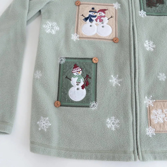 Vintage Croft & Barrow Sage Embroidered Snowman Christmas Zip Fleece Cardigan M - Picture 9 of 11